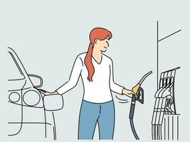 jong vrouw bijtanken auto Bij gas- station. glimlachen vrouw brandstof auto- met aardolie. vector illustratie.