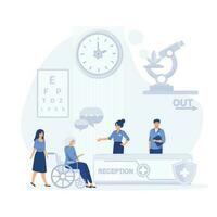 ontvangst in ziekenhuis met patiënten. aan het wachten kamer met gehandicapt, vlak vector modern illustratie