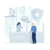 ziekenhuis receptioniste geven oud Mens informatie, controle in voor afspraak, vlak vector modern illustratie