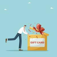 geschenk kaart en Promotie strategie, korting coupon en geschenk tegoedbon concept, loyaliteit programma's en bonussen. gelukkig klant, gebruik makend van een geschenk kaart van de op te slaan, duurt de geschenk en looks in de doos. vector