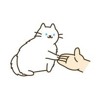 schattig kat. een wit kat is zetten haar van katten poot Aan een personen hand. vector