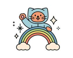 regen dag. een kat in een regenjas is gezegde Hallo Aan een regenboog. een schattig en gemakkelijk illustratie met een dik schets. vector