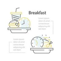 snel voedsel bestelling, ontbijt tijd, hamburger met drinken en klok, lunch tijd concept vector
