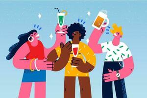 gelukkig verschillend jong mensen met bril hebben pret Aan partij samen. glimlachen multiraciaal vrienden drinken dranken vieren speciaal gelegenheid. zomer viering. vector illustratie.