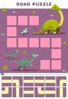 onderwijs spel voor kinderen weg puzzel helpen velociraptor Actie naar ultrasaurus afdrukbare dinosaurus werkblad vector