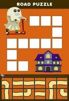 onderwijs spel voor kinderen weg puzzel helpen geest kostuum Actie naar de spookachtig huis afdrukbare halloween werkblad vector