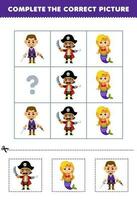 onderwijs spel voor kinderen naar Kiezen en compleet de correct afbeelding van een schattig tekenfilm piraat gezagvoerder of meermin afdrukbare piraat werkblad vector