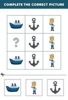 onderwijs spel voor kinderen naar Kiezen en compleet de correct afbeelding van een schattig tekenfilm matroos schip of anker afdrukbare beroep werkblad vector
