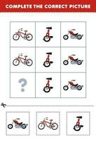 onderwijs spel voor kinderen naar Kiezen en compleet de correct afbeelding van een schattig tekenfilm motorfiets fiets of eenwieler afdrukbare vervoer werkblad vector