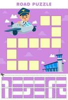 onderwijs spel voor kinderen weg puzzel helpen piloot met vlak Actie naar de luchthaven afdrukbare beroep werkblad vector