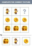 onderwijs spel voor kinderen naar Kiezen en compleet de correct afbeelding van een schattig tekenfilm kaal Mens schat borst of goud munt afdrukbare piraat werkblad vector