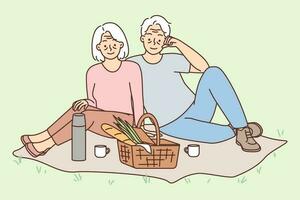 gelukkig ouderen paar zitten Aan picknick buitenshuis genieten volwassenheid. glimlachen senior Mens en vrouw zittend Aan gras in park hebben lunch samen. vector illustratie.