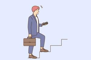 gemotiveerd jong zakenman wandelen omhoog Aan stappen bereiken carrière succes of zege. zelfverzekerd mannetje werknemer beklimming boven naar bedrijf prestatie. vector illustratie.