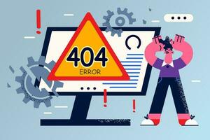 gefrustreerd mannetje hebben fout 404 Aan computer scherm verontrust met apparaat storing of afbreken. verward Mens benadrukt geschokt met operationeel vergissing Aan pc. vector illustratie.