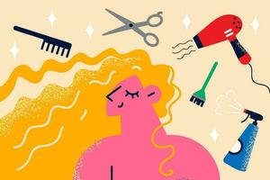 gelukkig jong vrouw met stilist gereedschap in de omgeving van voelen tevreden in schoonheid salon krijgen nieuw kapsel gedaan. glimlachen vrouw cliënt opgewonden met haar- behandeling of procedure in salon. vector illustratie.