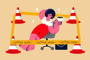 gelukkig zakenvrouw zitten in stoel kom tot rust rust uit in koffie zone. glimlachen kalmte vrouw werknemer of arbeider hebben breken voor heet drank, nemen pauze Bij werk. opladen en evenwicht. vector illustratie.