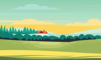 zomer landschap voorraad illustratie. een zomer landschap met groen weiden, heuvelachtig velden en een zonsondergang lucht met wolken in de achtergrond. vector