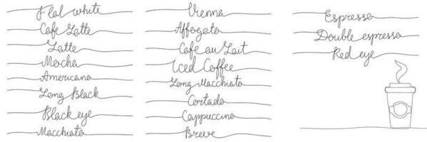 reeks van koffie etiket namen voor cafés en verpakking. groot verzameling van koffie naam in een lijn continu. lijn kunst monoline vector illustratie.