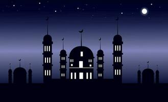 Islamitisch kaart met silhouet koepel moskeeën, maan Aan blauw nnd zwart lucht achtergrond, veteraan Ramadhan nacht met schemering schemer lucht voor Islamitisch religie, eid al-adha, eidi mubarak, eid al fitr, ramadan vector