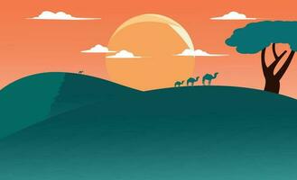 tekenfilm woestijn landschap met heuvels, kamelen en bergen silhouetten, natuur vector vlak achtergrond.