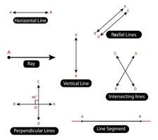 horizontaal, verticaal, parallel, kruisende lijnen, loodrecht lijnen, lijn segment en straal in wiskundig geometrie illustraties voor studenten. vector