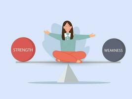 bedrijf vrouw balanceren tussen sterkte en zwakheid. vector illustratie.