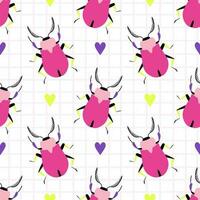 grappig roze bugs met helder harten Aan een geruit achtergrond. naadloos patroon met tekenfilm elementen. vector