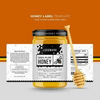 honing etiket en honing ontwerp banier natuurlijk bij honing glas pot fles sticker creatief verpakking idee geel, wit minimaal schoon ontwerp achtergrond gezond biologisch voedsel Product bij zwart label. vector