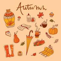 herfst reeks pictogrammen in oranje tonen, knus stickers, herfst gevoel. reeks van illustraties. vector illustratie.