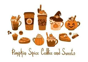 pompoen kruid koffie. verschillend types koffie Aan schattig kopjes. herfst humeur. reeks van illustraties vector