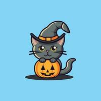 schattig zwart kat binnen halloween pompoen met gesneden spookachtig gezicht vector