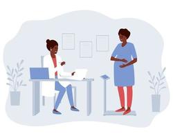 een zwangere afro-amerikaanse vrouw bij de receptie van een verloskundige gynaecoloog bepaalt haar gewicht vector