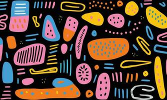 kleurrijk hand- getrokken abstract patroon, in de stijl van zwart achtergrond, strepen en vormen, minimalistische achtergronden, stoutmoedig slagen, helder kleuren, stoutmoedig vormen, rustiek textuur, grillig doodles vector