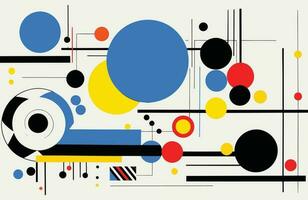 zwart en wit schilderij bevat een abstract ontwerp met blauw en geel cirkels, in de stijl van de stijl, gemakkelijk, kleurrijk illustraties, kleurrijk animaties, bauhaus geïnspireerd ontwerpen vector