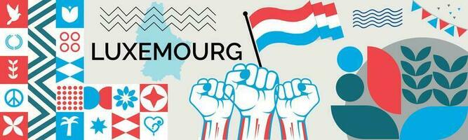 luxemburg kaart en verheven vuisten. nationaal dag of onafhankelijkheid dag ontwerp voor luxemburg viering. modern retro ontwerp met abstract pictogrammen. vector illustratie.