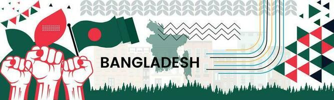 Bangladesh kaart en verheven vuisten. nationaal dag of onafhankelijkheid dag ontwerp voor Bangladesh viering. modern retro ontwerp met abstract pictogrammen. vector illustratie.