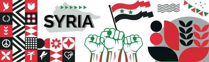 Syrië kaart en verheven vuisten. nationaal dag of onafhankelijkheid dag ontwerp voor Syrië viering. modern retro ontwerp met abstract pictogrammen. vector illustratie.