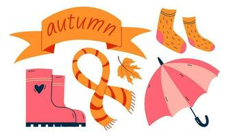 herfst set, hand- getrokken elementen- sokken, rubber laarzen, sjaal, paraplu, blad. vector