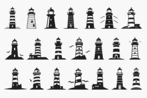 vuurtoren silhouet pictogrammen reeks logo zwart baken licht oceaan zee licht huis nautische marinier silhouetten vector illustratie