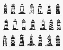 vuurtoren silhouet pictogrammen reeks logo zwart baken licht oceaan zee licht huis nautische marinier silhouetten vector illustratie