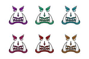 verzameling van monster gezicht met hoektanden. Purper, groente, blauw, roze, rood en geel. gebruikt voor halloween, sticker, logo en t-shirt ontwerp vector