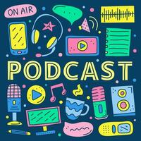 poster met belettering en tekening kleurrijk podcast pictogrammen. vector