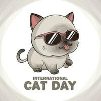 gemakkelijk Internationale kat dag banier met hand- getrokken Siamees kat vervelend zon bril illustratie vector