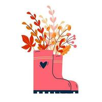 roze rubber laarzen met herfst bladeren en takken vector