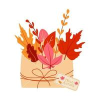 een Open papier envelop met herfst bladeren esdoorn, Afdeling van een fabriek. herfst kleuren. ondertekend Hallo herfst . vector