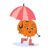 gelukkig pompoen in roober laarzen met paraplu. herfst karakter vector