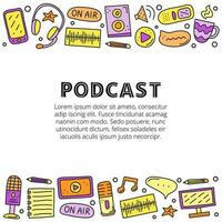 poster met belettering en tekening gekleurde podcast pictogrammen. vector