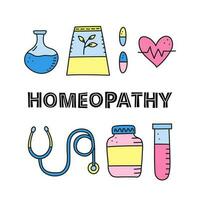 poster met tekening gekleurde homeopathisch artikelen. vector