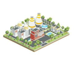 isometrische nucleair macht fabriek. schoon energie. genereren elektriciteit. buitenkant visie van nucleair reactor. vector