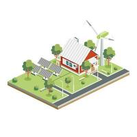 isometrische zonne- panelen met wind turbine in voorstad. groen eco vriendelijk huis. vector